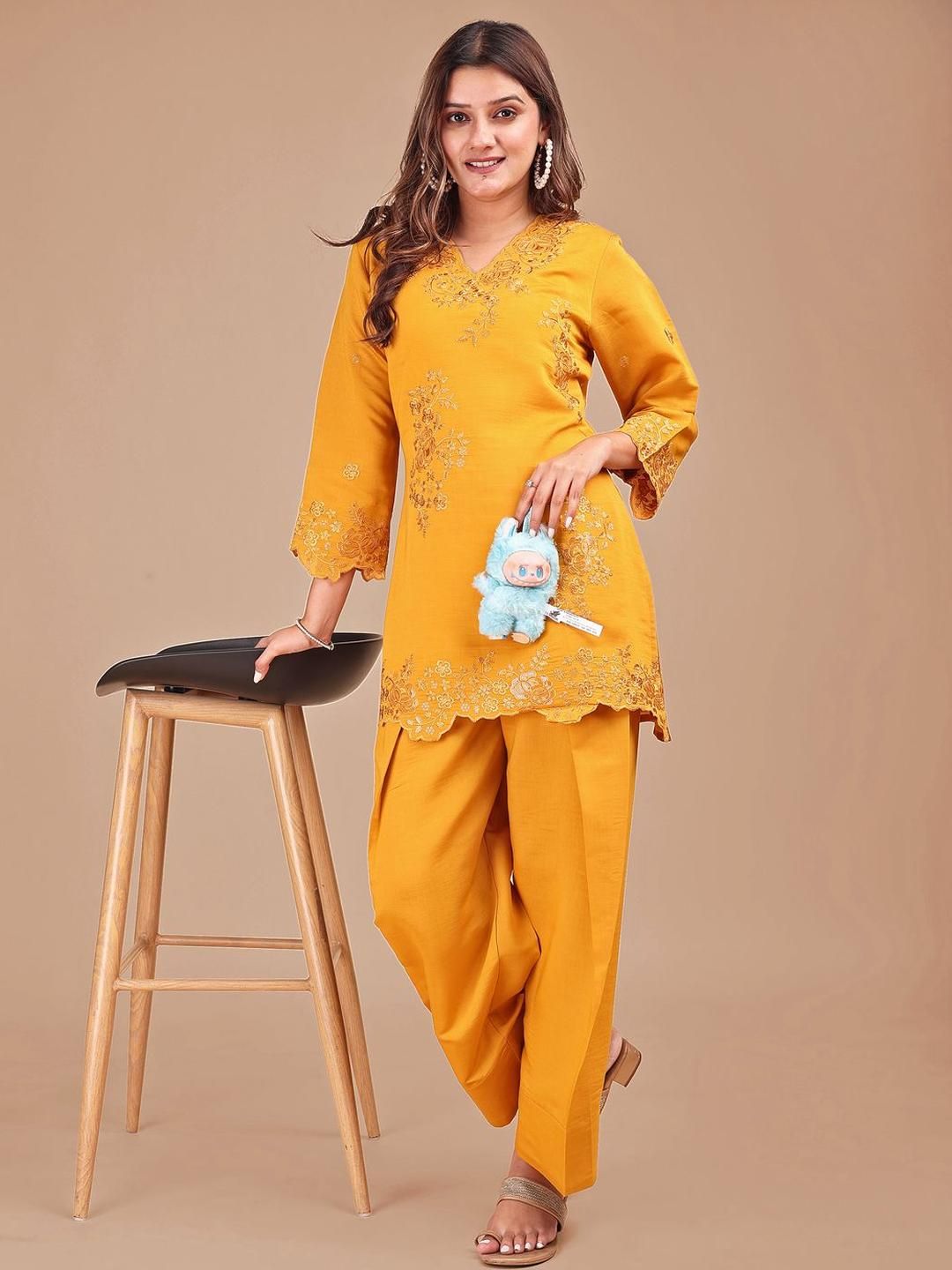 Embroidered Linen V-Neck Top With Trousers Co-Ords