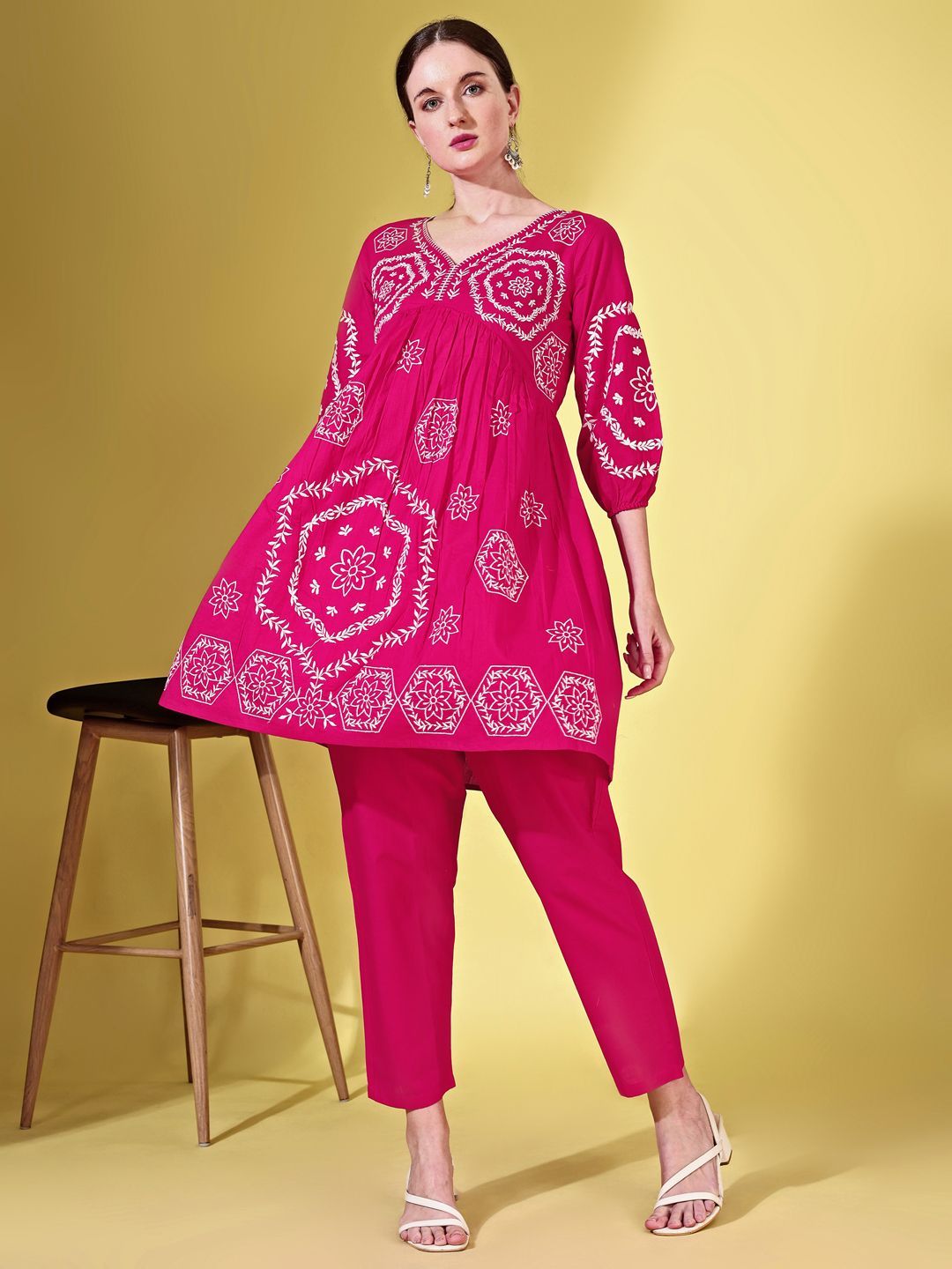 Embroidered V-Neck Three-Quarter Sleeves Pure Cotton Tunic With Trouser