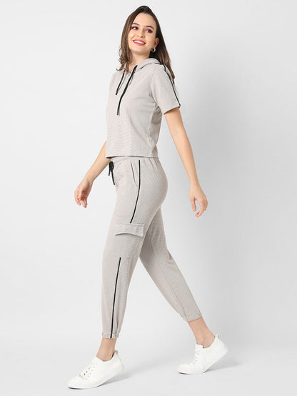 Women Grey Solid Hooded T-Shirt with Trousers