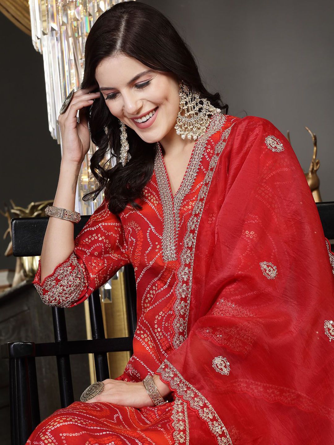 Women Bandhani Printed Regular Sequinned Kurta with Trousers & With Dupatta