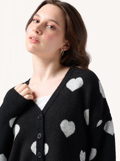 Black Fuzzy Hearts Cardigan
