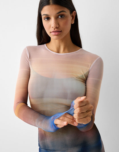 MWB Long Tulles Dress With Long Sleeve and Print