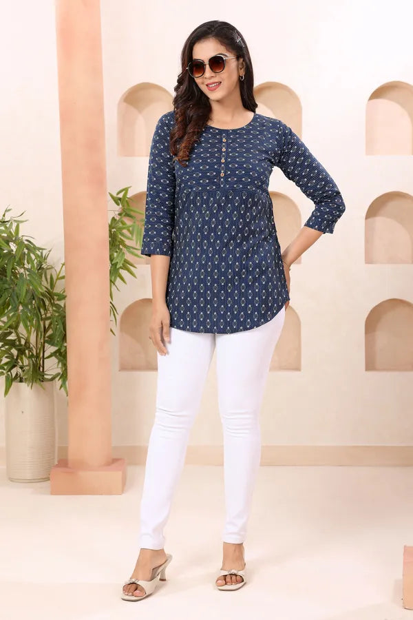 Clue In Blue Round Neck Short Tunic Top for Women