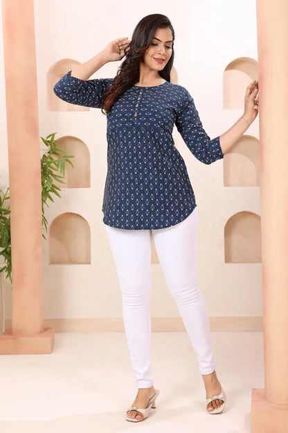 Clue In Blue Round Neck Short Tunic Top for Women