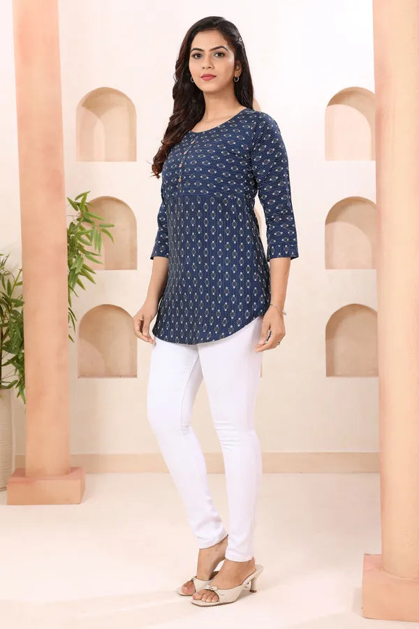 Clue In Blue Round Neck Short Tunic Top for Women