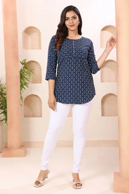 Clue In Blue Round Neck Short Tunic Top for Women