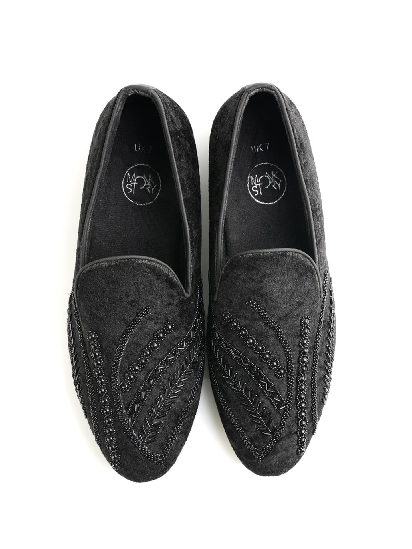 Monkstory Hand-Embroidered Embellished Slip-Ons - Black