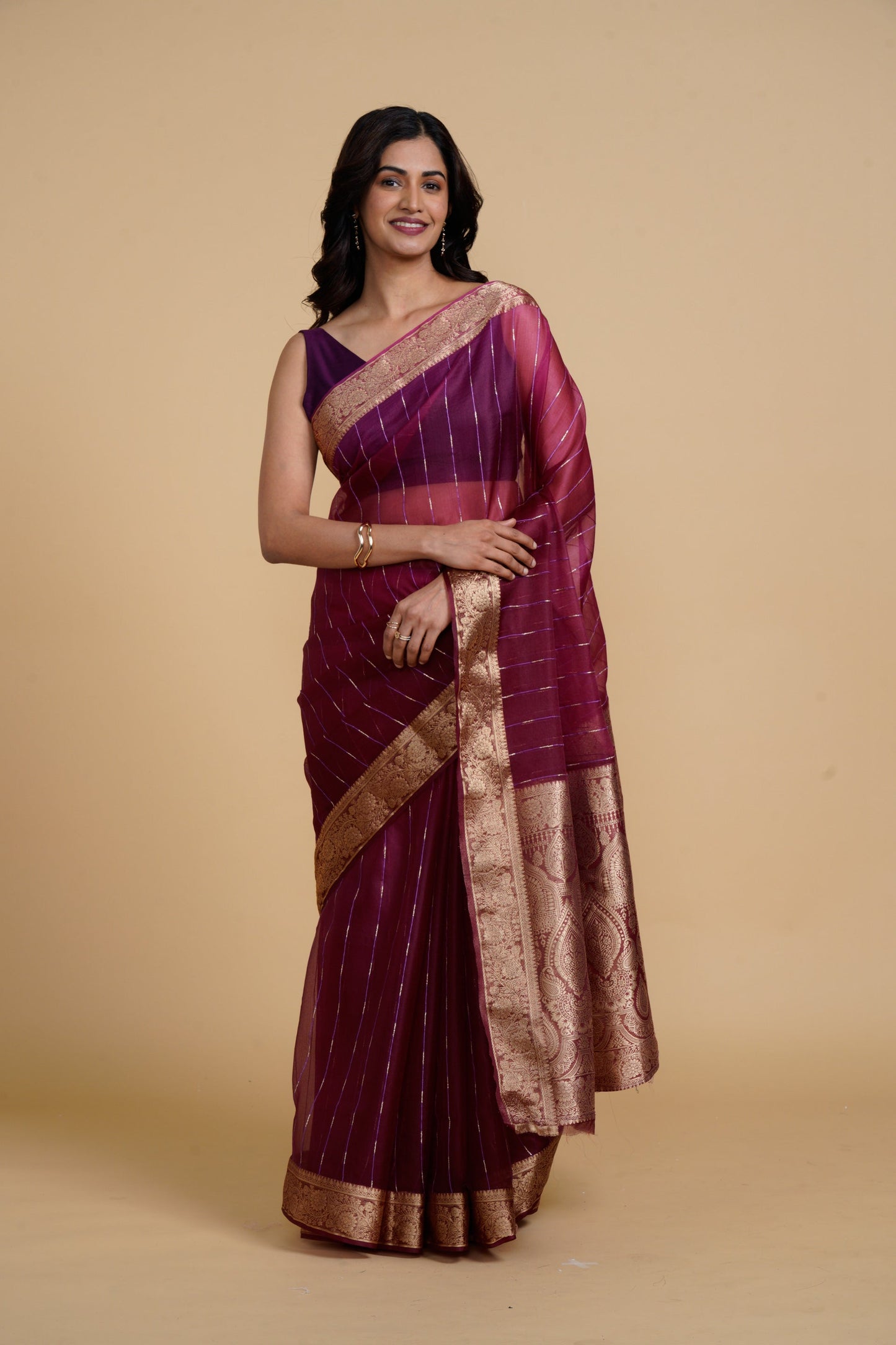 Divine Drapes Wine Striped Saree