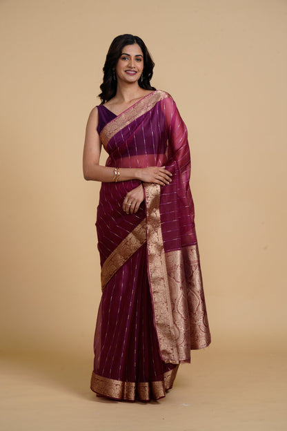 Divine Drapes Wine Striped Saree