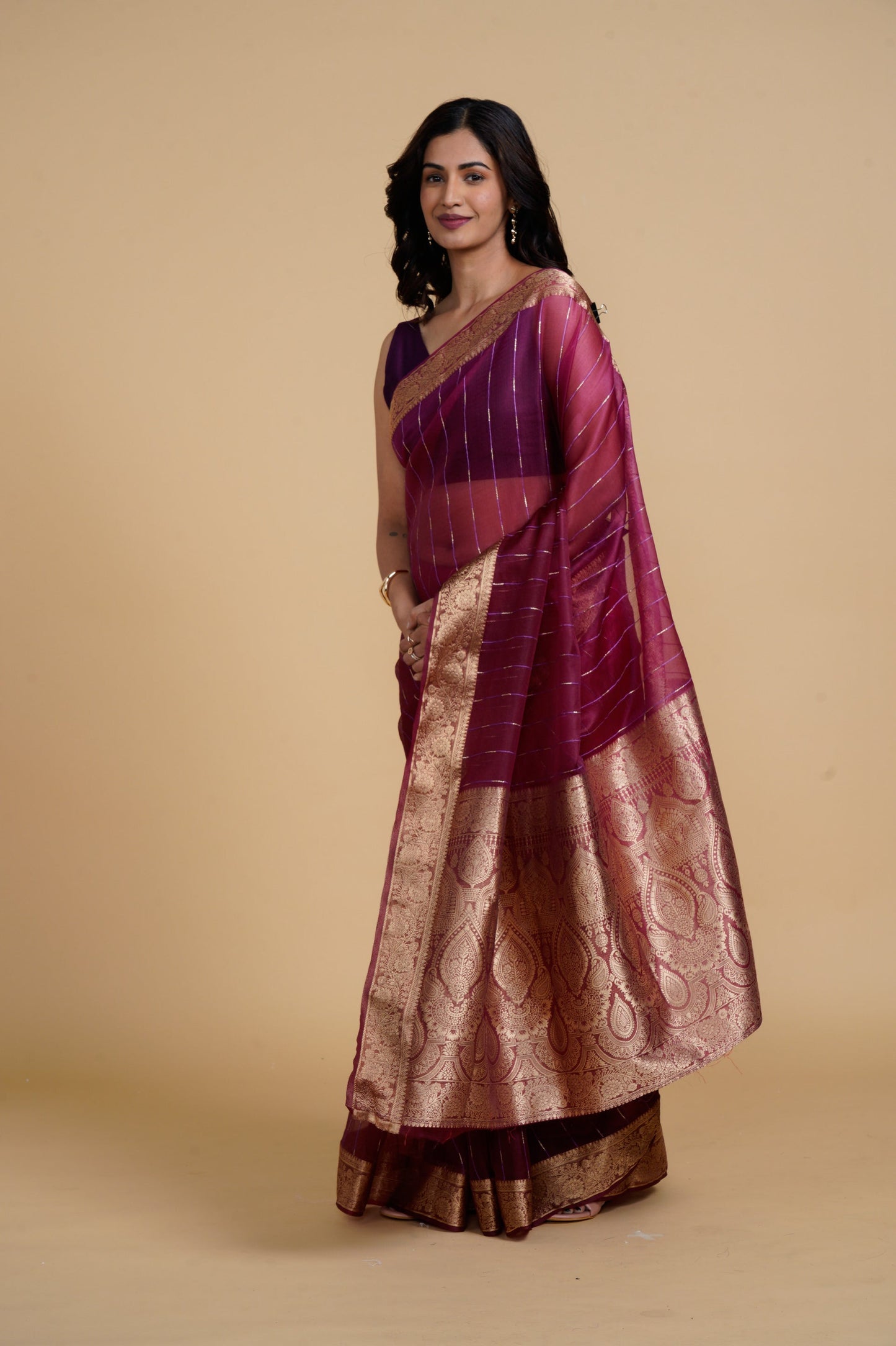 Divine Drapes Wine Striped Saree