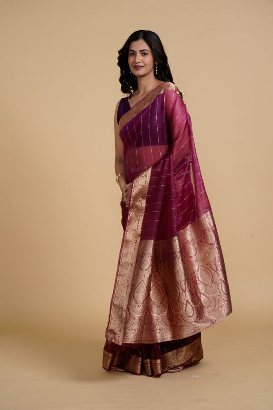 Divine Drapes Wine Striped Saree