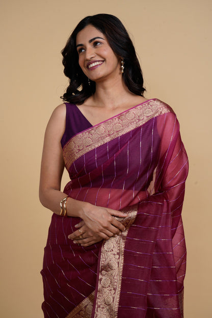 Divine Drapes Wine Striped Saree