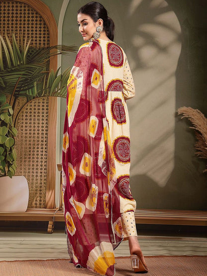 Women Bandhani Printed Thread Work Pure Cotton Kurta with Trousers & With Dupatta