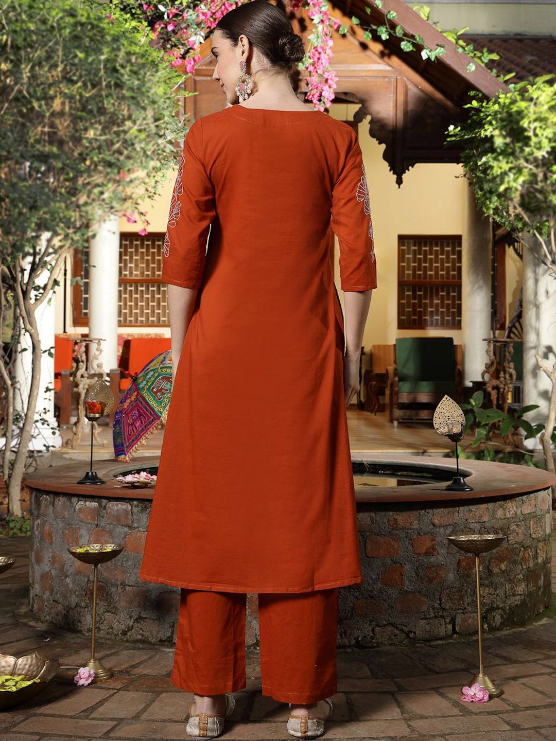 Women Embroidered Empire Sequinned Pure Cotton Kurta with Trousers