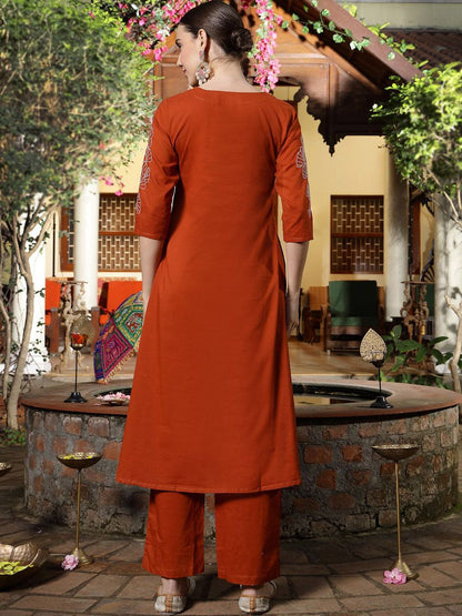 Women Embroidered Empire Sequinned Pure Cotton Kurta with Trousers