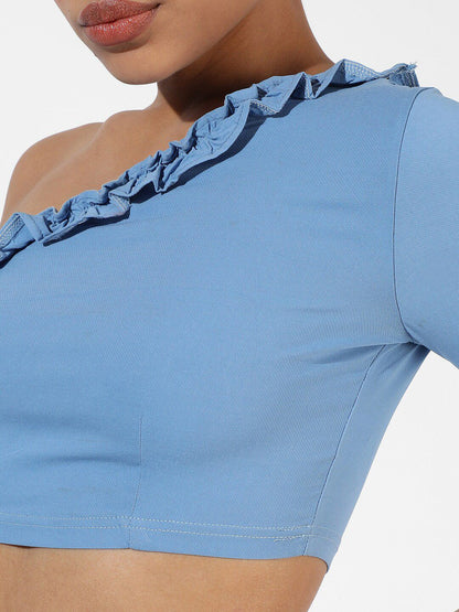 One Shoulder Ruffle Detailed Pure Cotton Top With Trousers Co-Ords