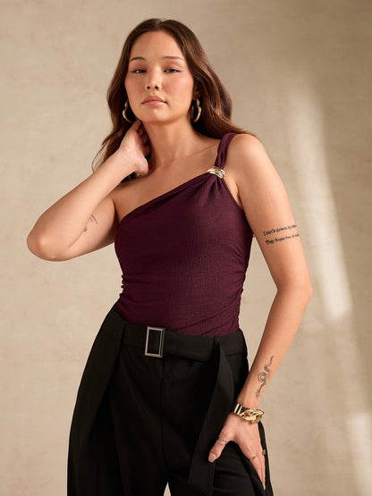 Wine One Shoulder Textured Metal Trim Top