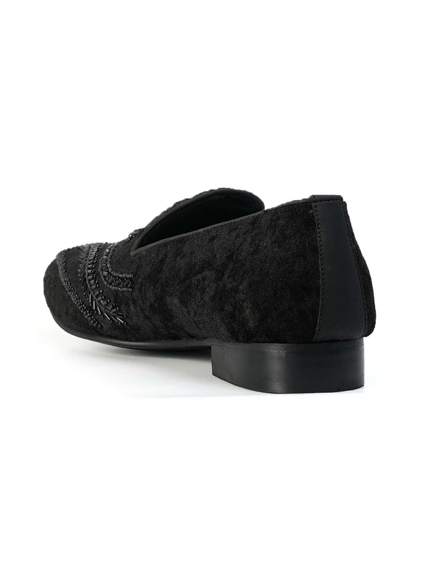 Monkstory Hand-Embroidered Embellished Slip-Ons - Black