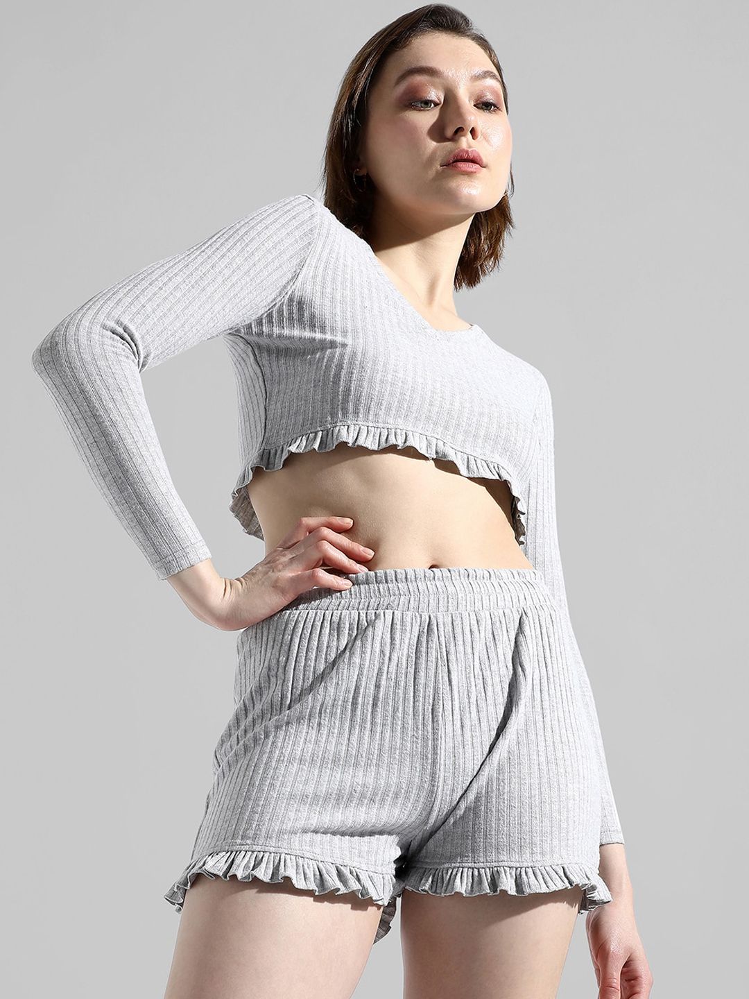 Self-Design Pure Cotton Crop Top With Shorts Co-Ord Set
