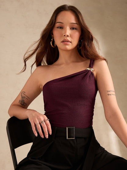 Wine One Shoulder Textured Metal Trim Top