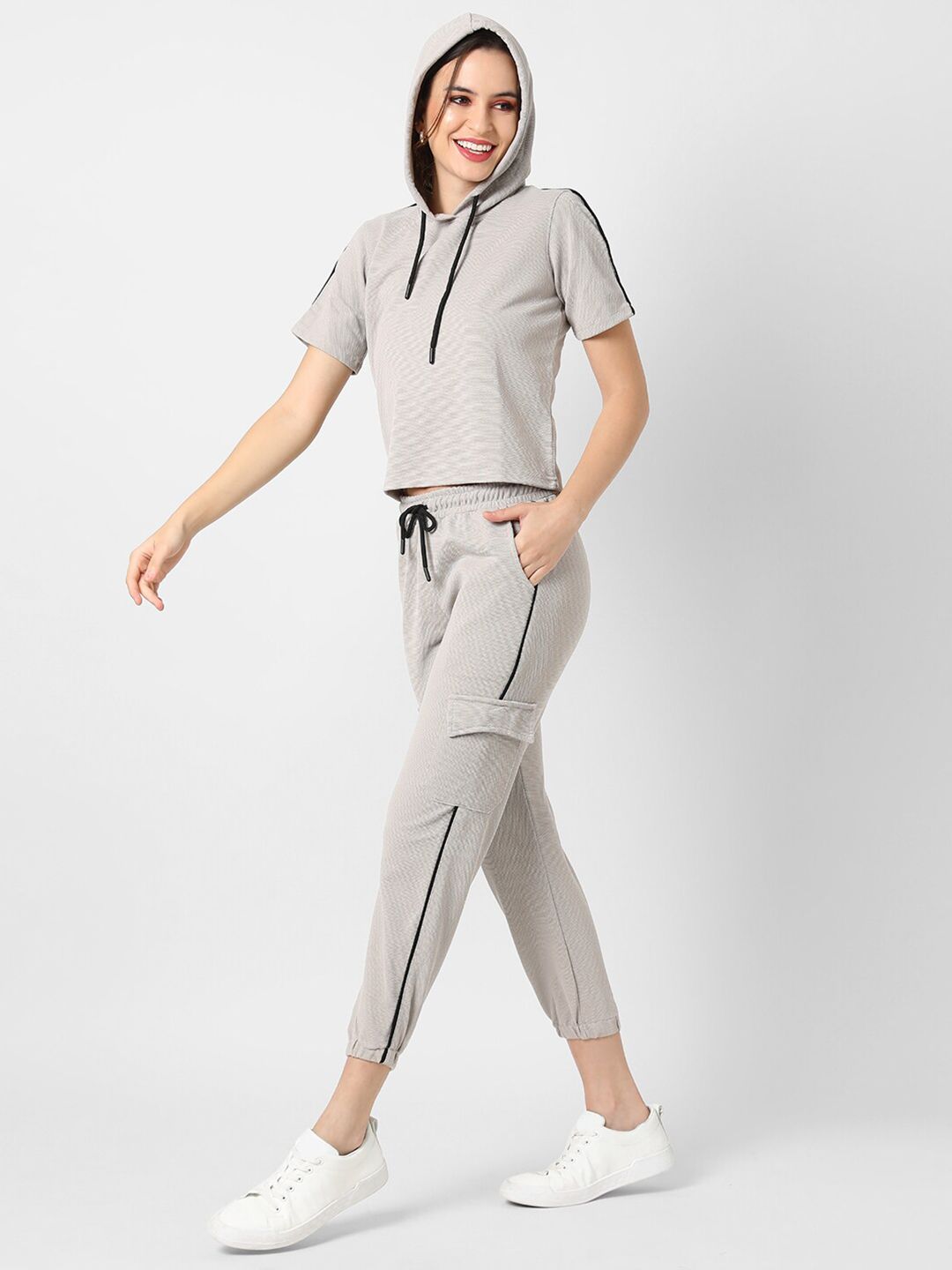 Women Grey Solid Hooded T-Shirt with Trousers