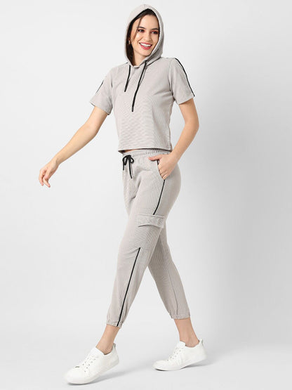 Women Grey Solid Hooded T-Shirt with Trousers