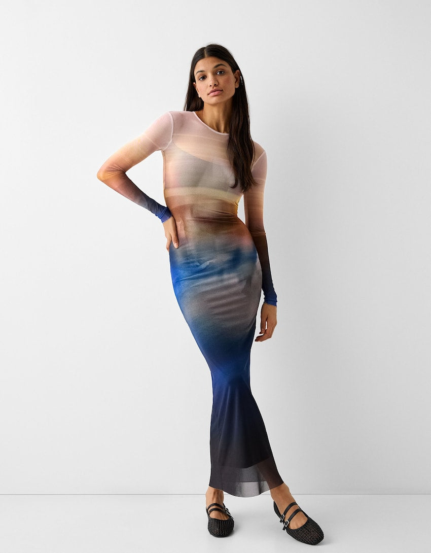 MWB Long Tulles Dress With Long Sleeve and Print