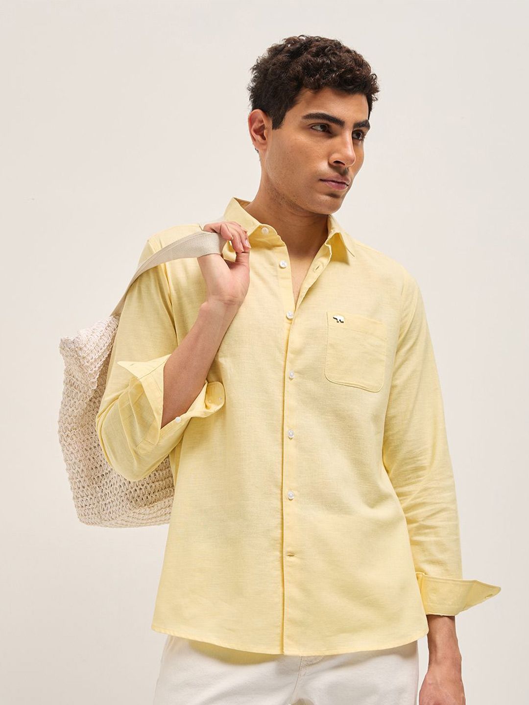 Men Slim Fit Solid Spread Collar Casual Cotton Linen Shirt