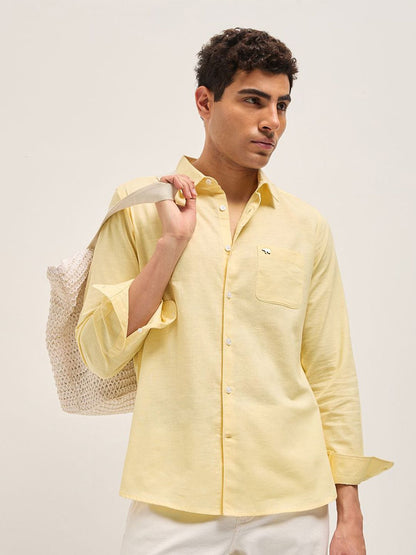 Men Slim Fit Solid Spread Collar Casual Cotton Linen Shirt