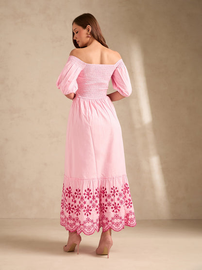 Pink Maxi Dress With Contrast Schiffli