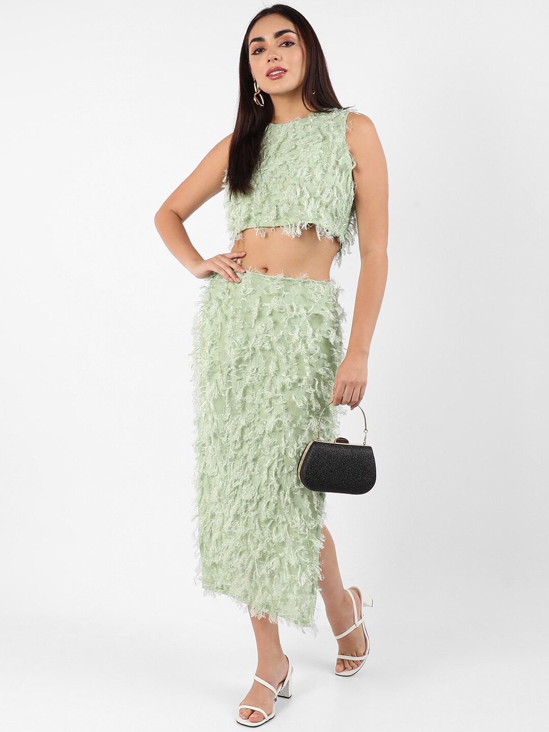Sea Green Self-Design Crop Top With Midi Skirt