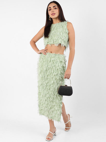 Sea Green Self-Design Crop Top With Midi Skirt