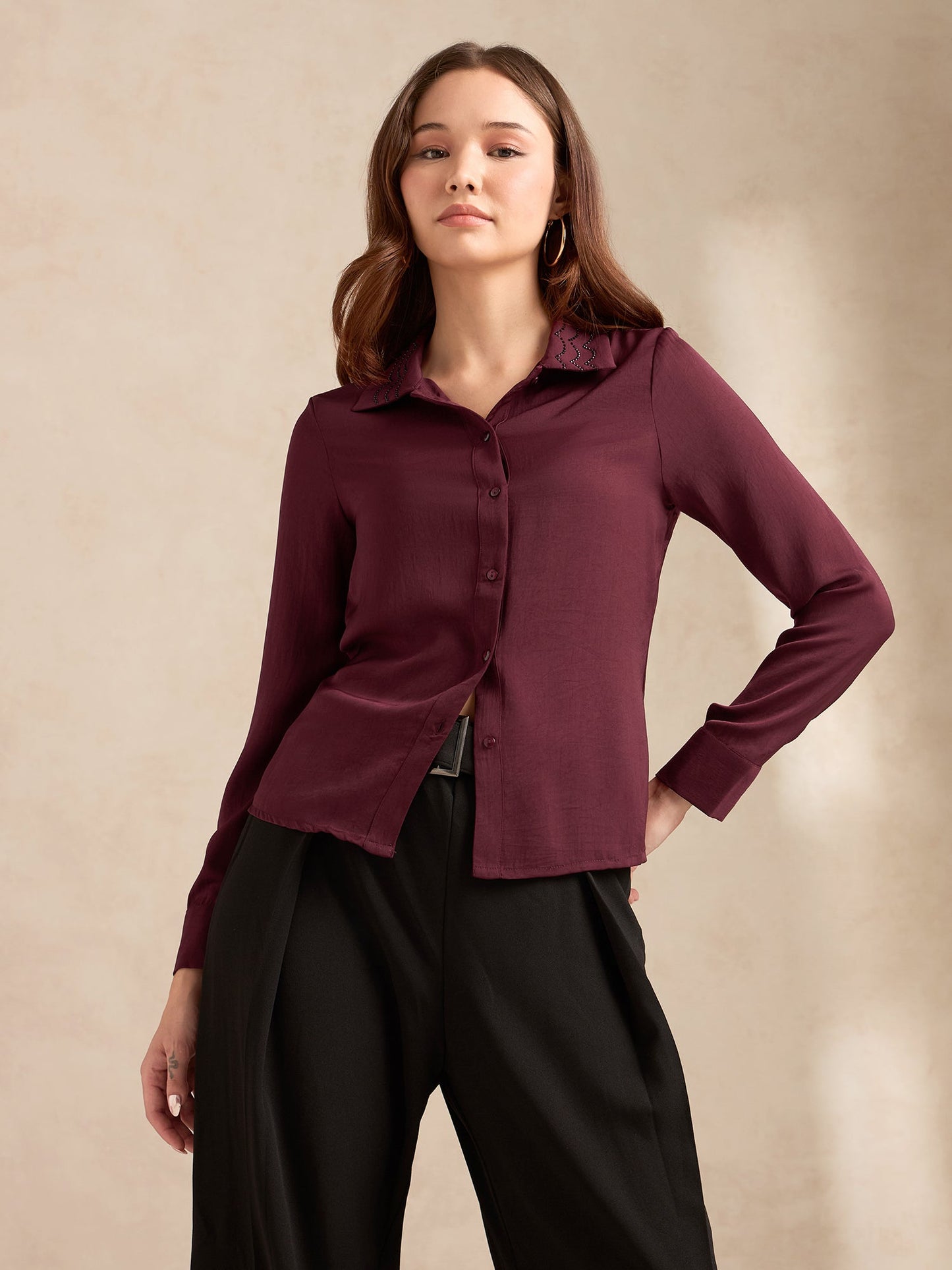 Wine Regular Satin Shirt With Embellished Collar