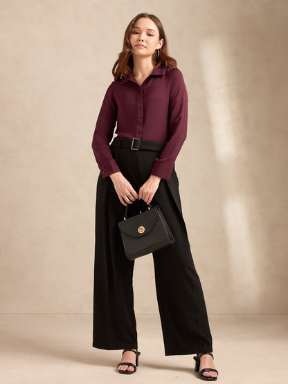 Wine Regular Satin Shirt With Embellished Collar