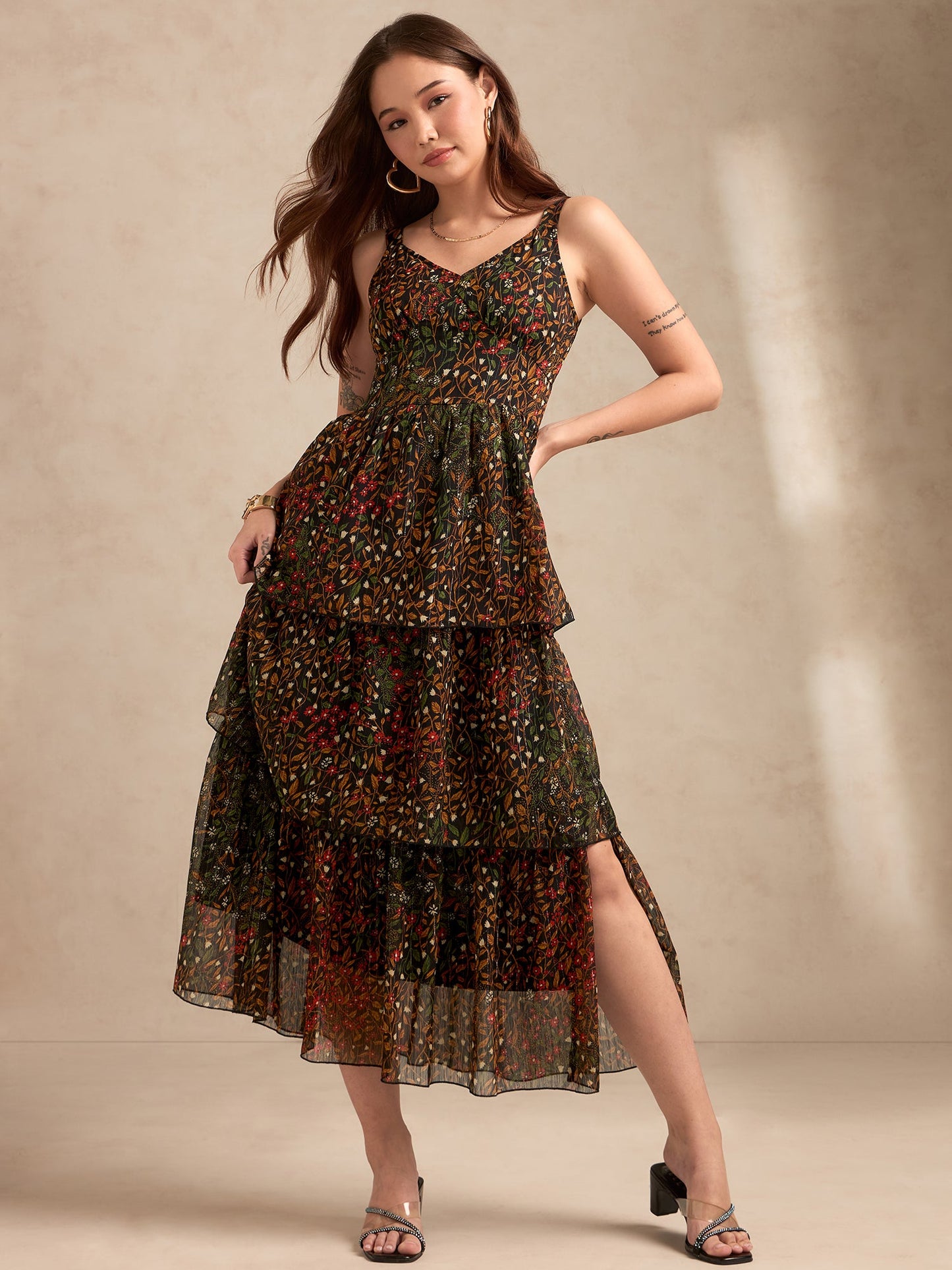 Multi Maxi Printed Tired Dress With Backless Look