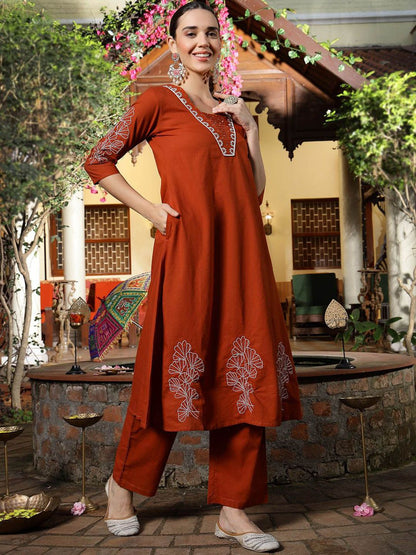 Women Embroidered Empire Sequinned Pure Cotton Kurta with Trousers