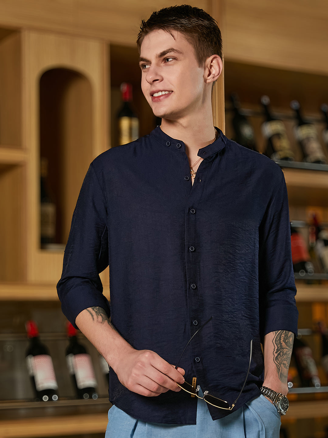 Men's Navy Blue Breezy Mandarin Shirt