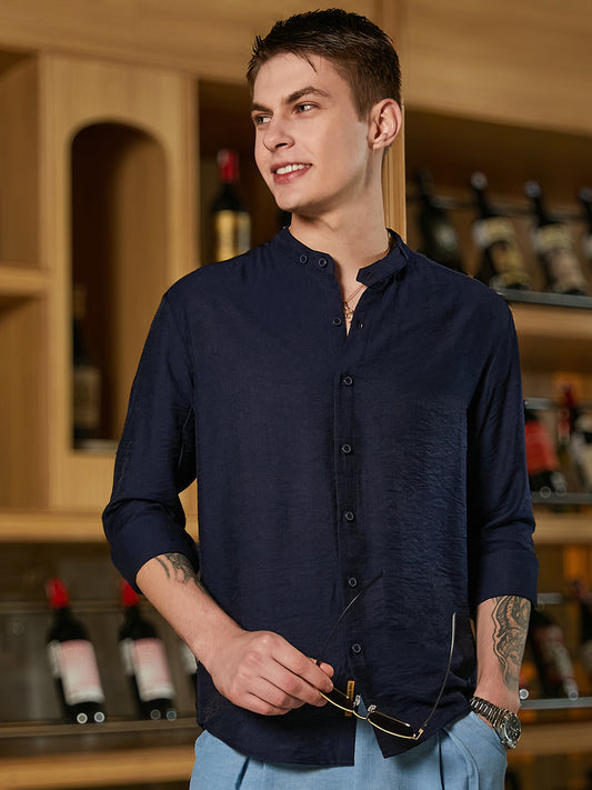 Men's Navy Blue Breezy Mandarin Shirt