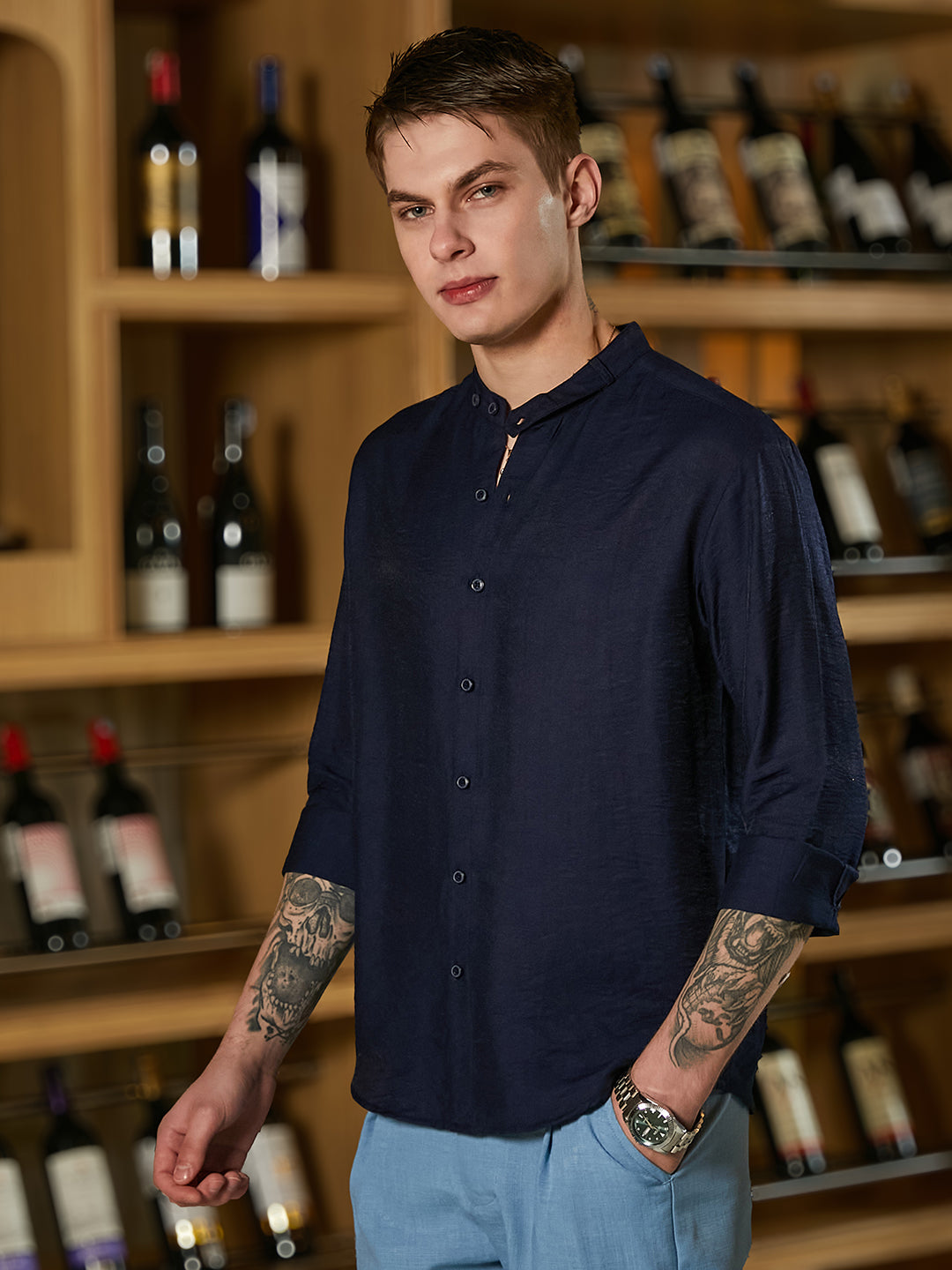 Men's Navy Blue Breezy Mandarin Shirt