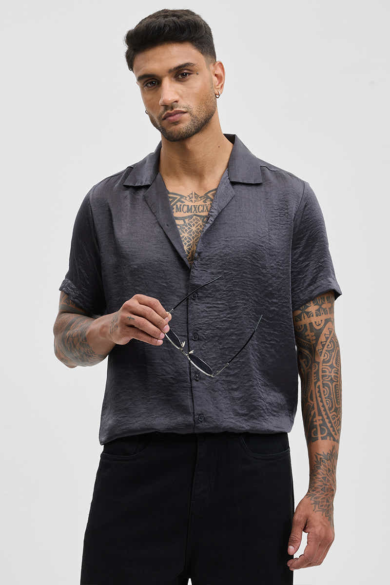 Charcoal Grey Textured Box Fit Shirt