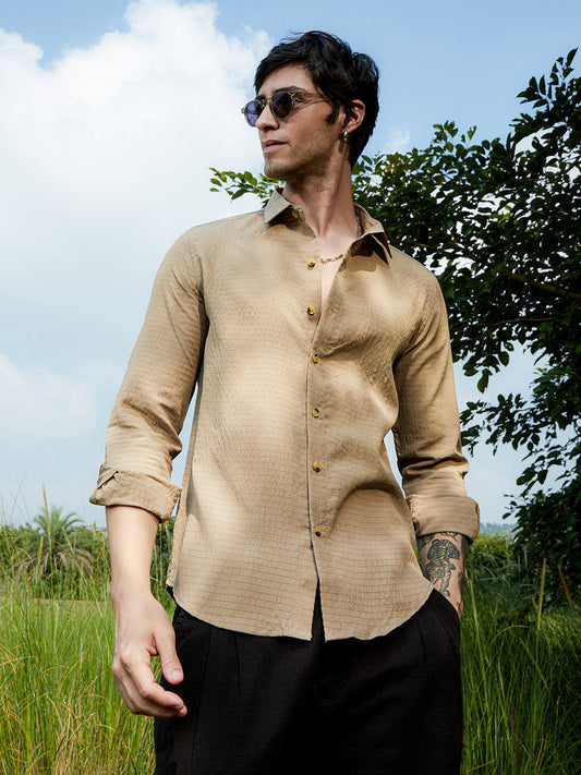 Men's Buff Beige Ruche-Textured Shirt