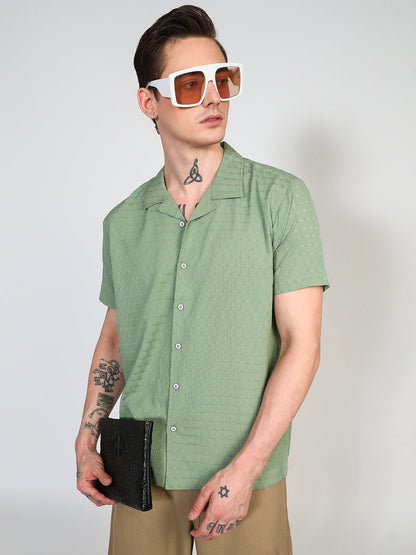 Men's Pistachio Green Embroidered Creased Shirt