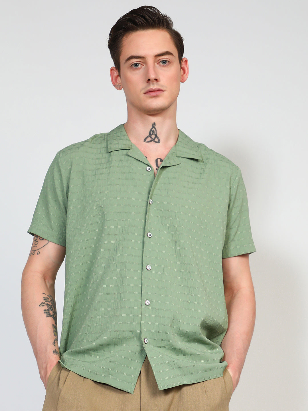 Men's Pistachio Green Embroidered Creased Shirt
