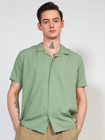 Men's Pistachio Green Embroidered Creased Shirt