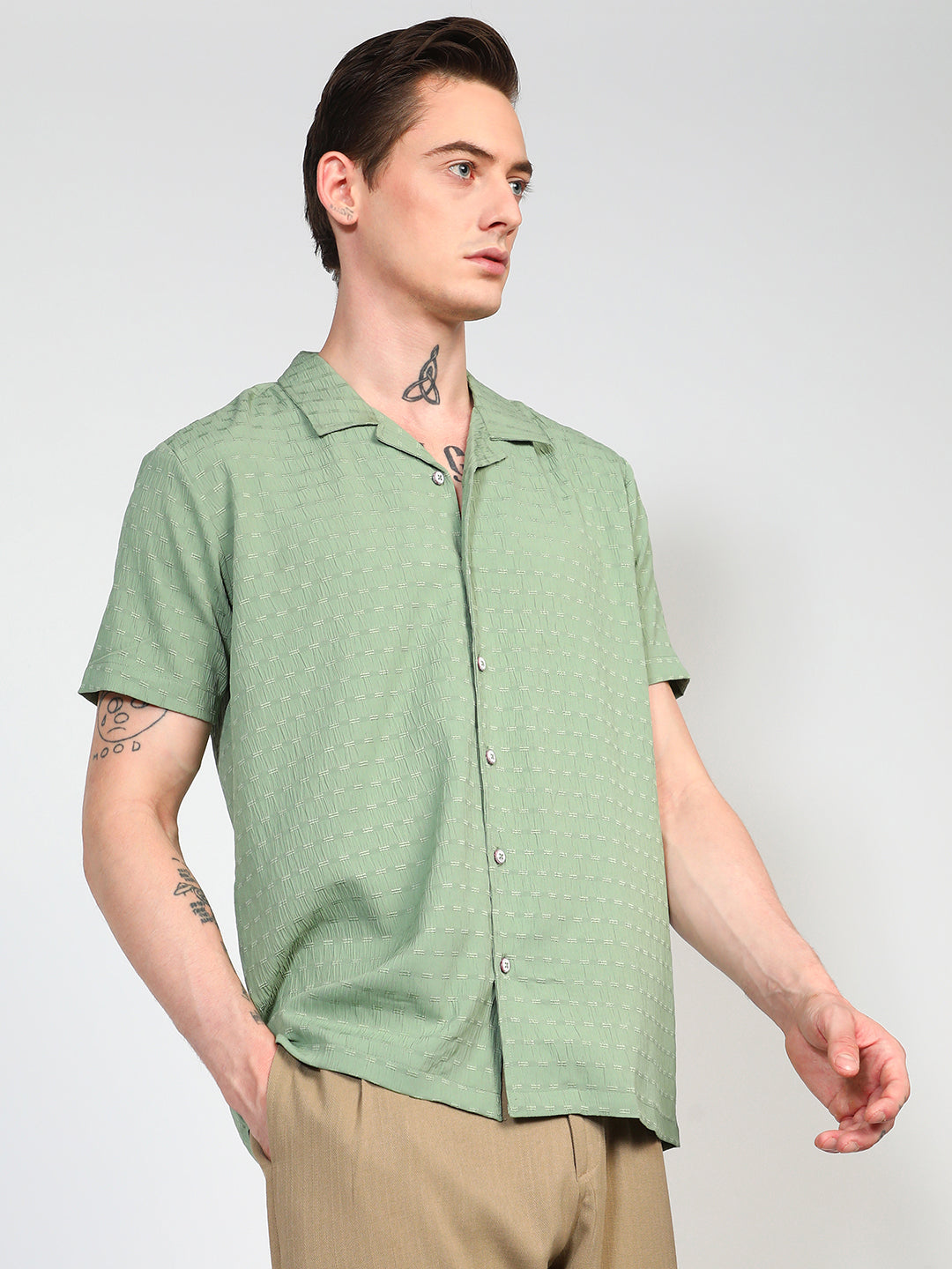 Men's Pistachio Green Embroidered Creased Shirt