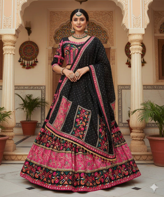 Black Muslin Cotton Lehenga Choli with real mirror work for Navratri (stitched blouse with adjustable margin)