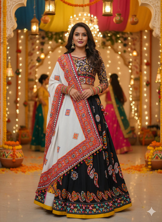 Muslin Lehenga Choli Set with Mirror Digital Print (stitched blouse with adjustable margin)