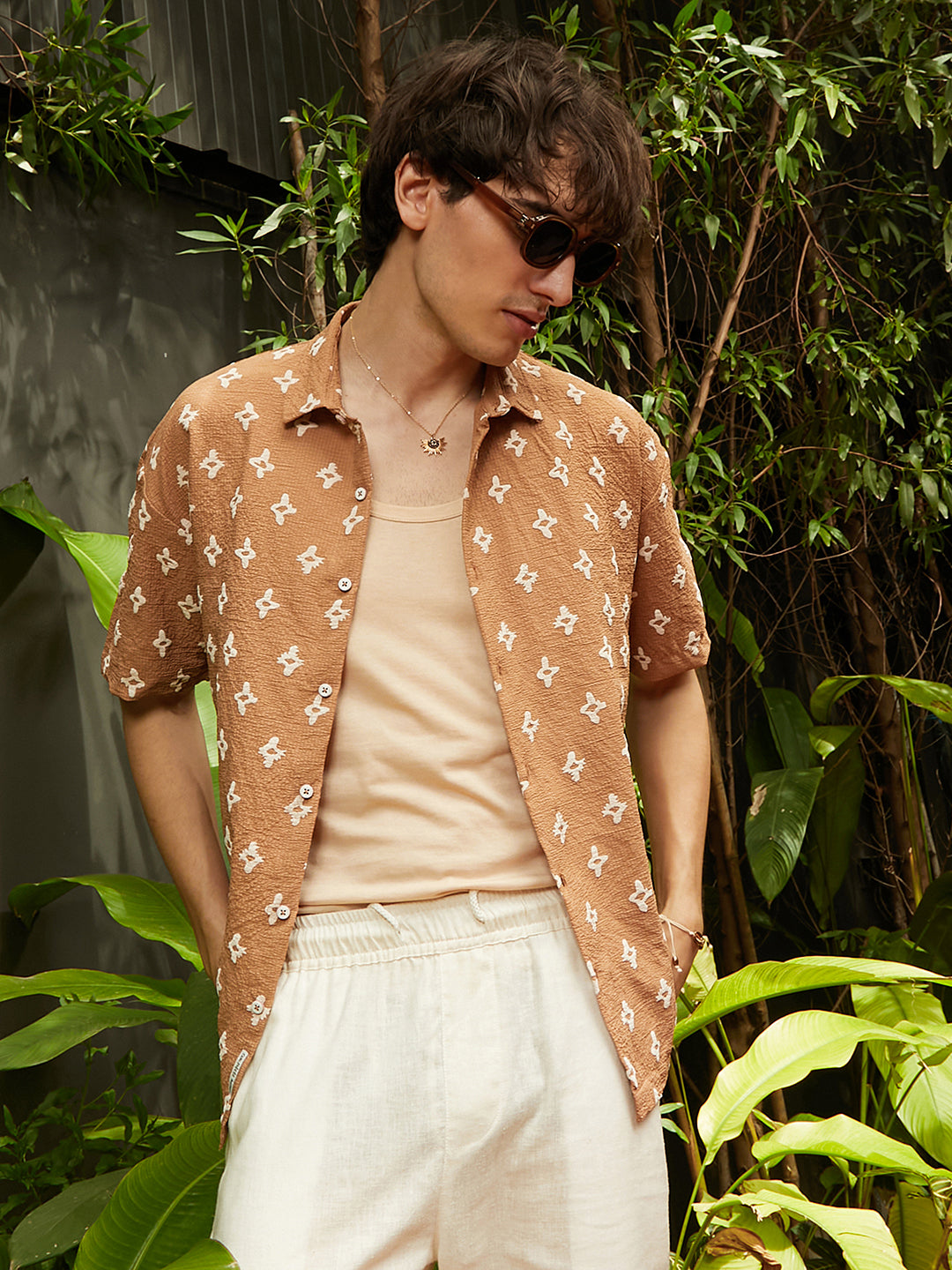 Men's Tan Brown Floral-Tactile Oversized Shirt