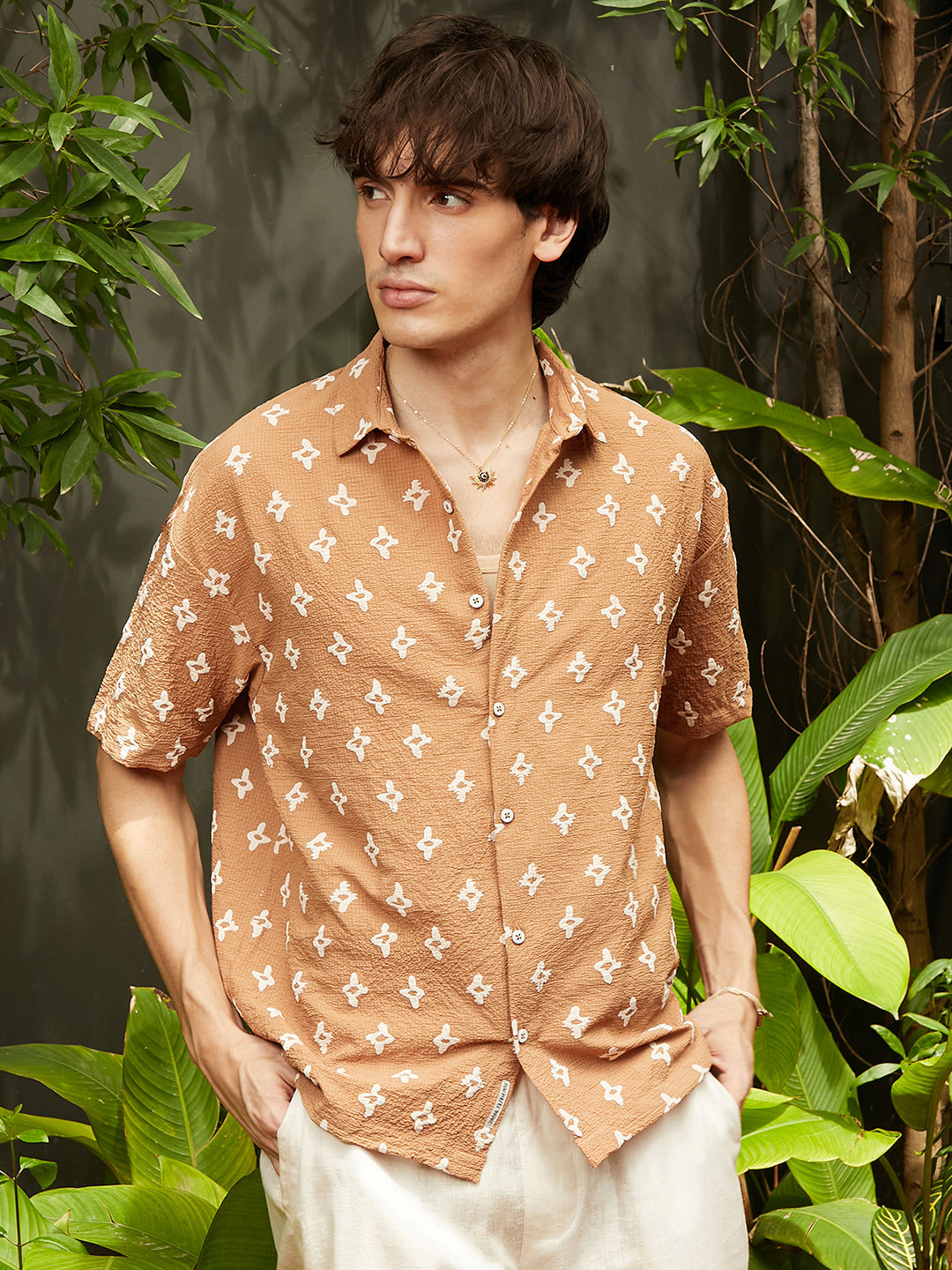 Men's Tan Brown Floral-Tactile Oversized Shirt