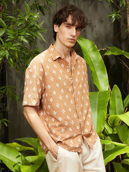 Men's Tan Brown Floral-Tactile Oversized Shirt
